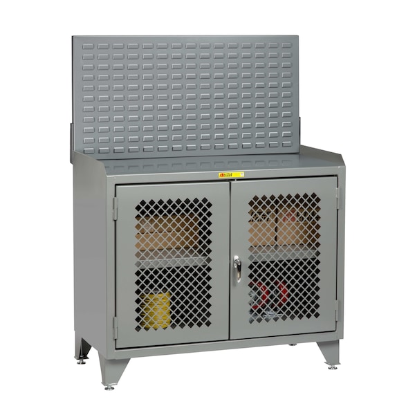 Counter Height Bench Cabinet, 36"W, Perf Doors, Steel Top, Louvered